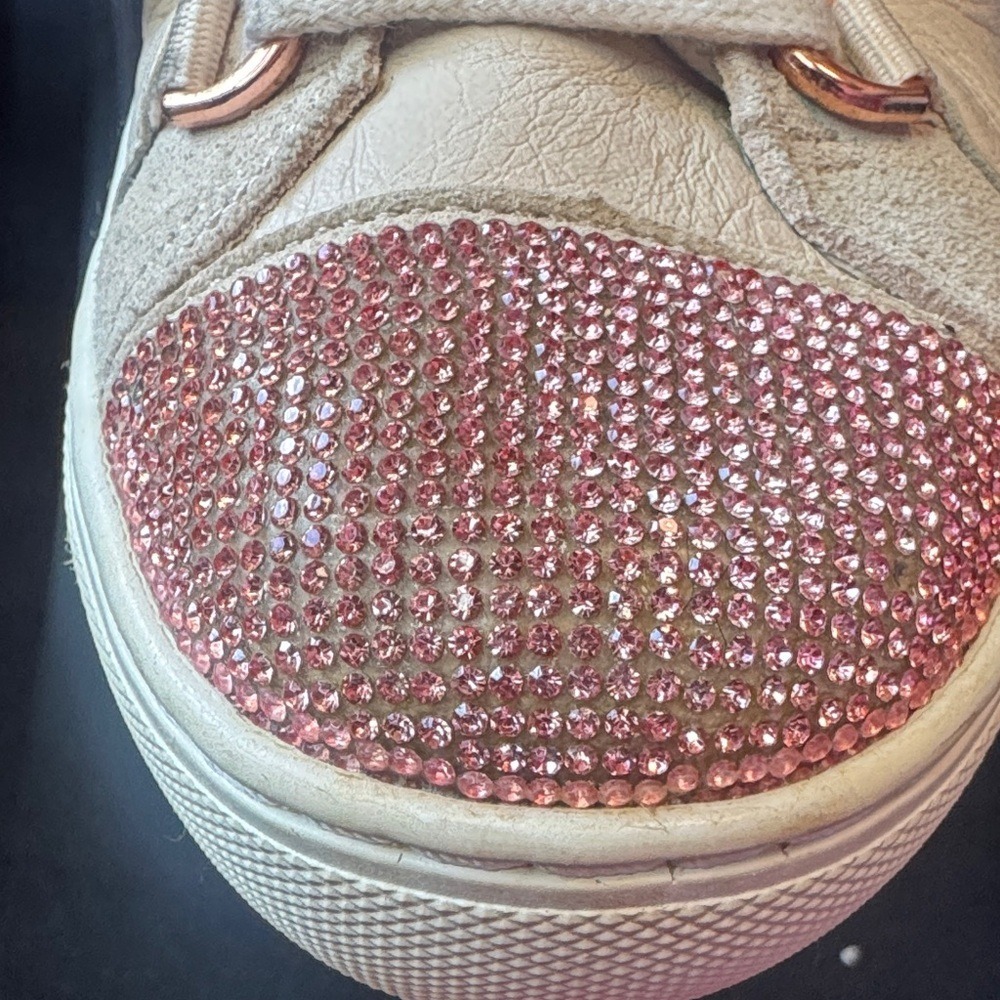 Skechers Street Los Angeles Cream Leather Pink Rhinestone Toe Sneakers Rose Gold - Picture 2 of 7